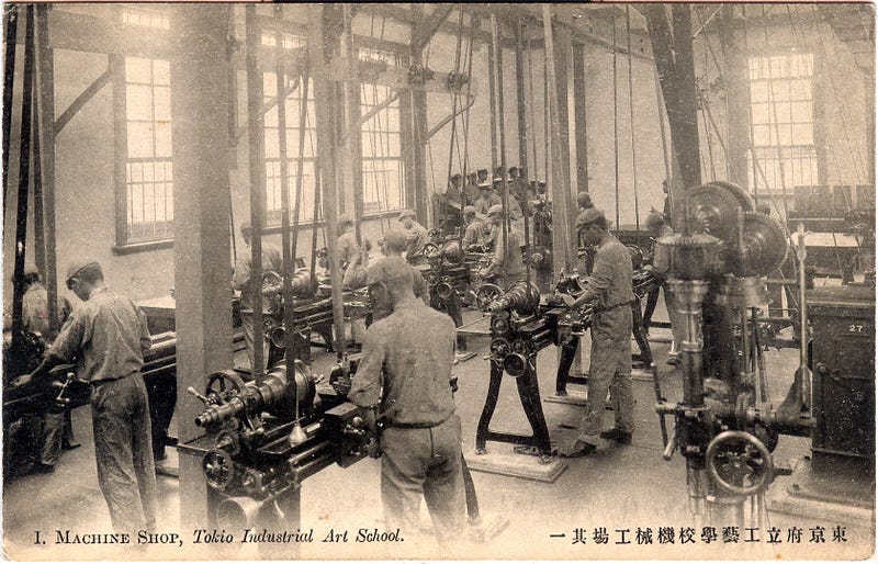Taylorism is perceived to be the go to reference of scientific management. With the advancement of technology and mass production, institutions, including education, leverage on its teaching, which taps heavily into analytical thinking (image source: Old Tokyo)