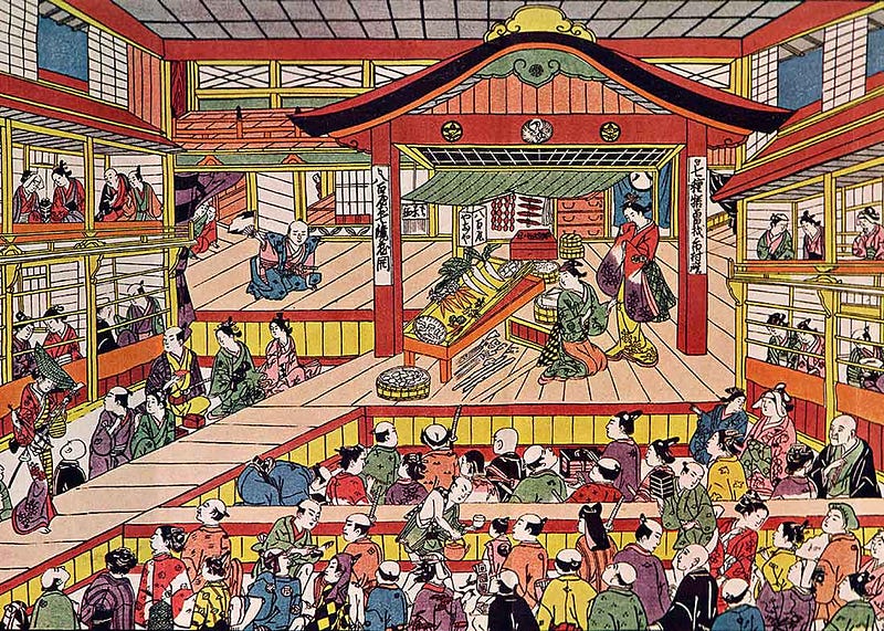 Like Kabuki, a Japanese theatre mixed with dramatic performance with traditional dance, your senses are overloaded not only by the stage design and performance, but also by the audience and the entire surroundings. (image source: wikipedia)