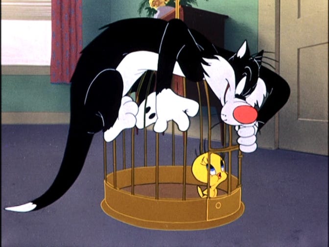 Tweety Bird may have been the earliest symbol of an early warning indicator of danger from canaries with his signature line, “”I tawt I taw a puddy tat!” (image source: Scooby)
