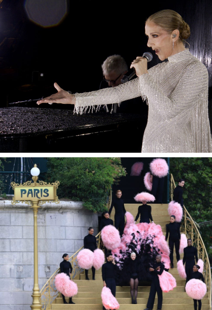 Despite pouring rain, the opening ceremony of the 2024 Summer Olympics was an event to remember, with dazzling performances from top performers like Celine Dion (top) and Lady Gaga (bottom), done in the same fashion as top athletes. (image source: Harper’s Bazaar)