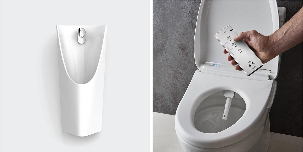Beyond the typical designs of sanitary hardware, some alternate designs do exist to cater to the local context, such as Kohler’s Struktura hygiene urinal (left) and Toto’s high-tech toilet bowls (right)
