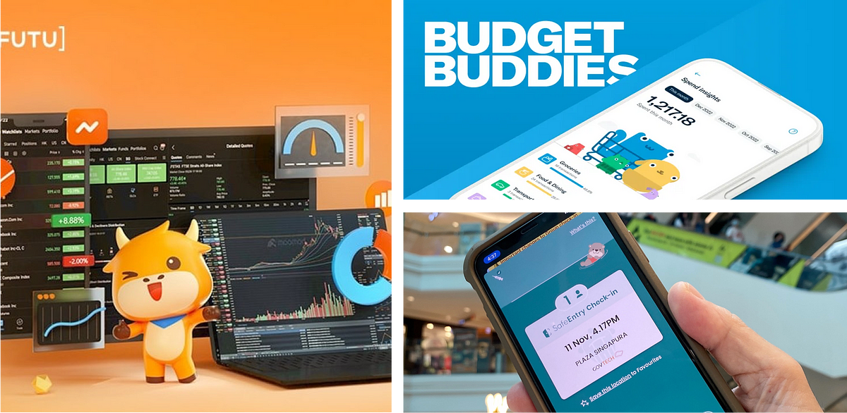 Singaporeans are more receptive about incorporating cuter elements in typically serious transactions, such as investments (left), budget tracker (top right), and COVID contact tracing (bottom right)