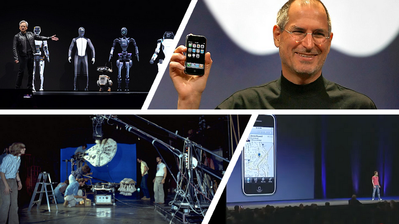 From top left clockwise: Jensen Huang showcasing AI training with robotics; Steve Jobs unveiling the 1st iPhone; Sam Altman s