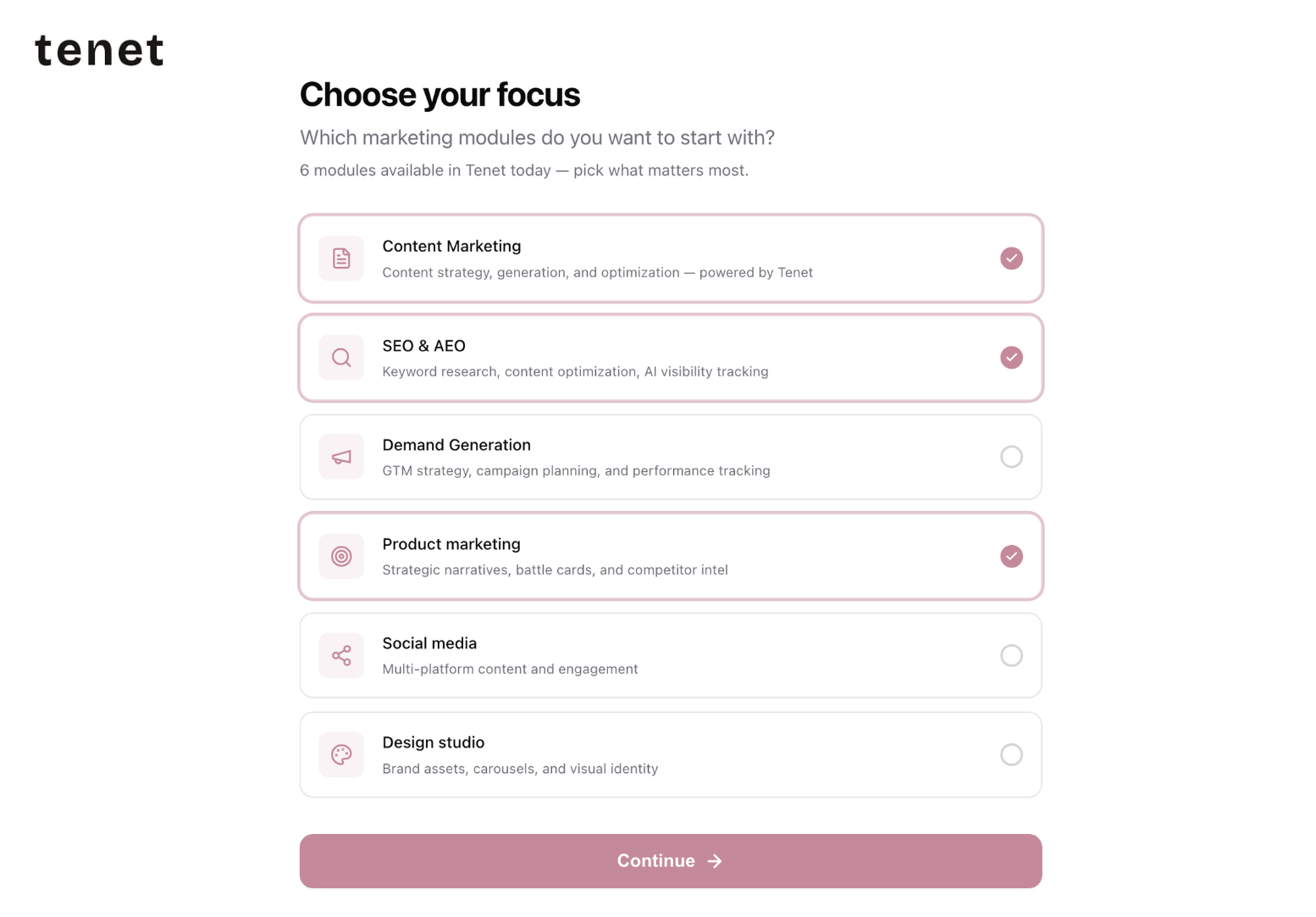 Tenet onboarding screen showing available marketing modules and workflows