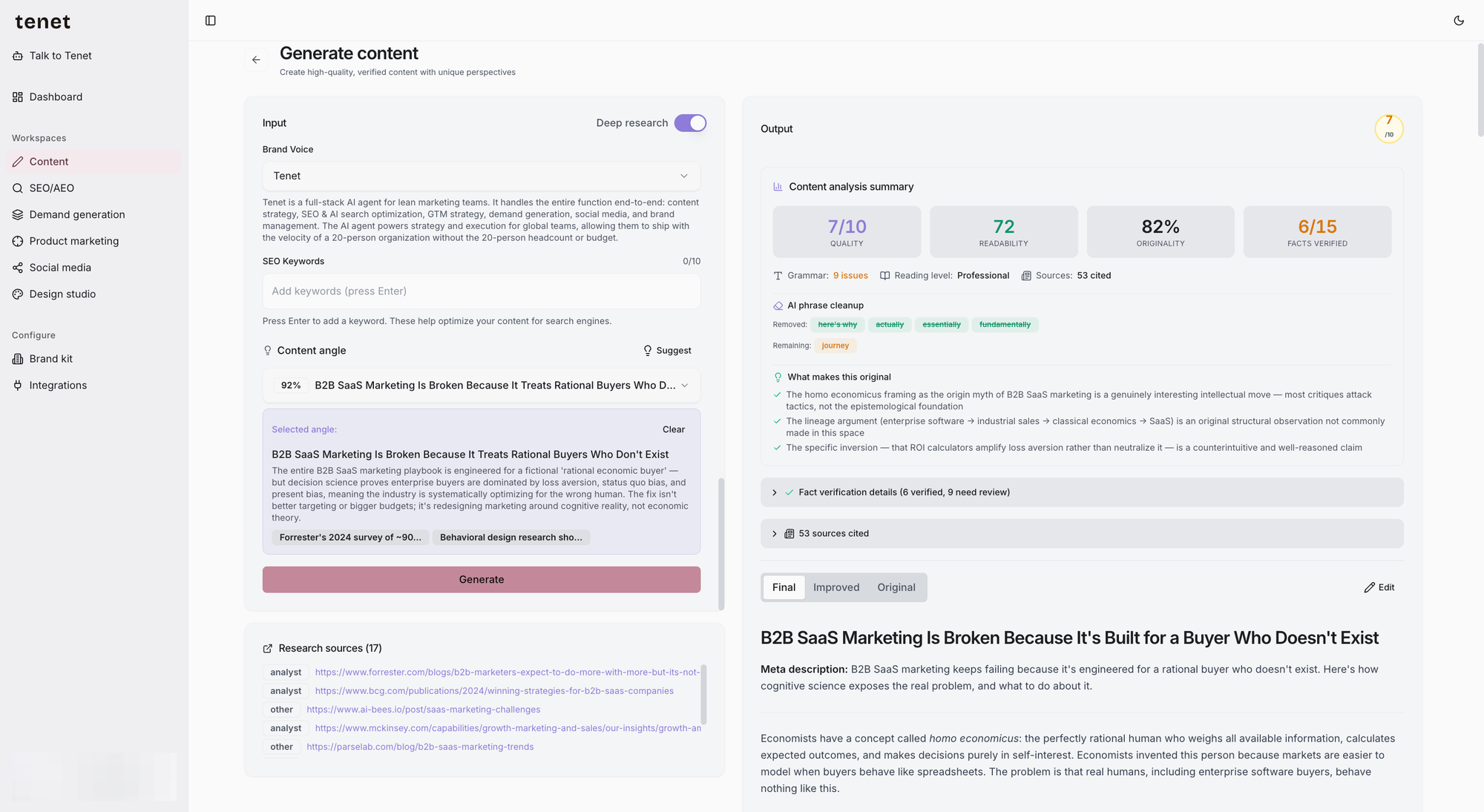 Content review interface showing AI writing analysis and optimisation tools