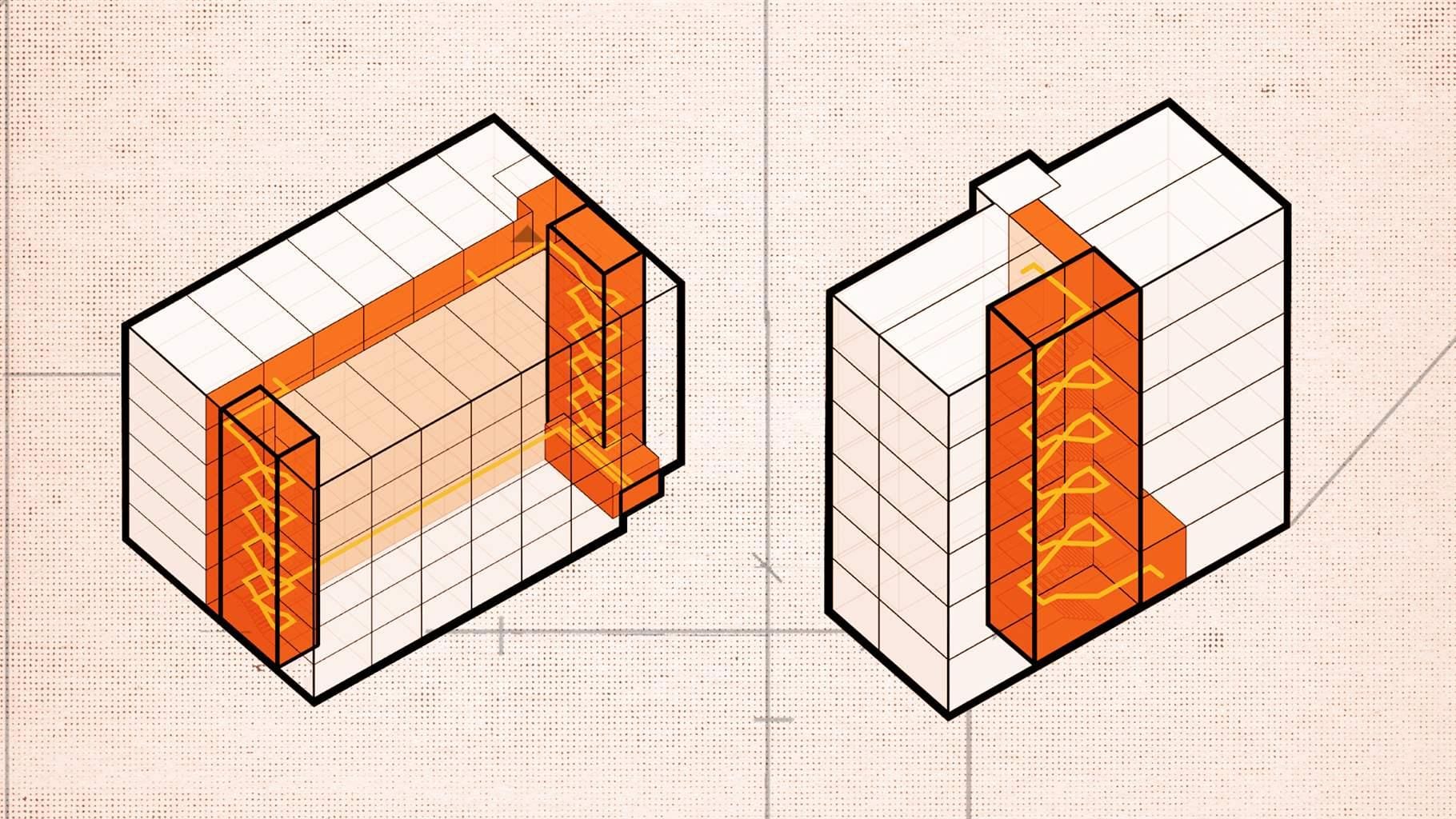 an illustration comparing a single stair building design with a dual stair building design