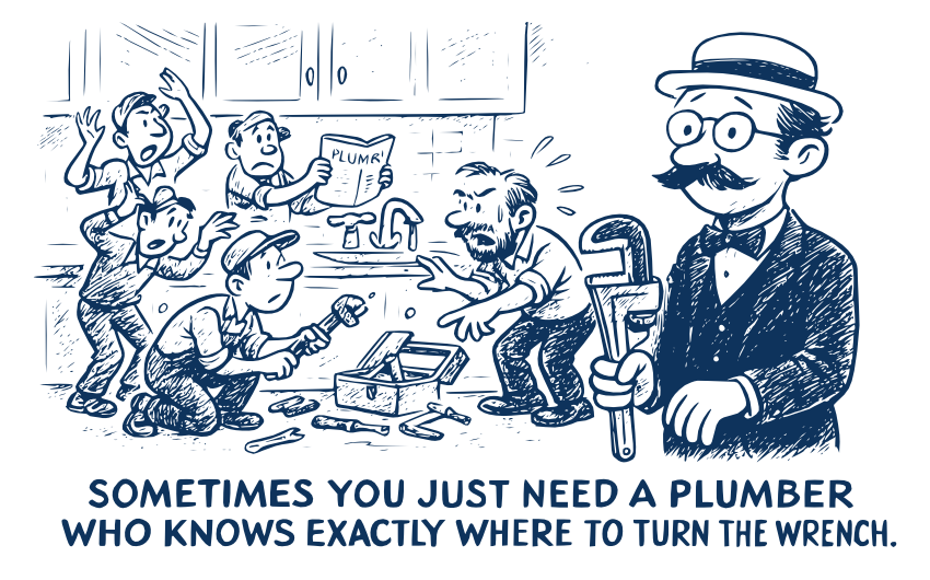 Cartoon of chaotic kitchen repairs with tools and panic, while a calm expert plumber holds a wrench—caption: “Sometimes you just need a plumber who knows where to turn the wrench.”