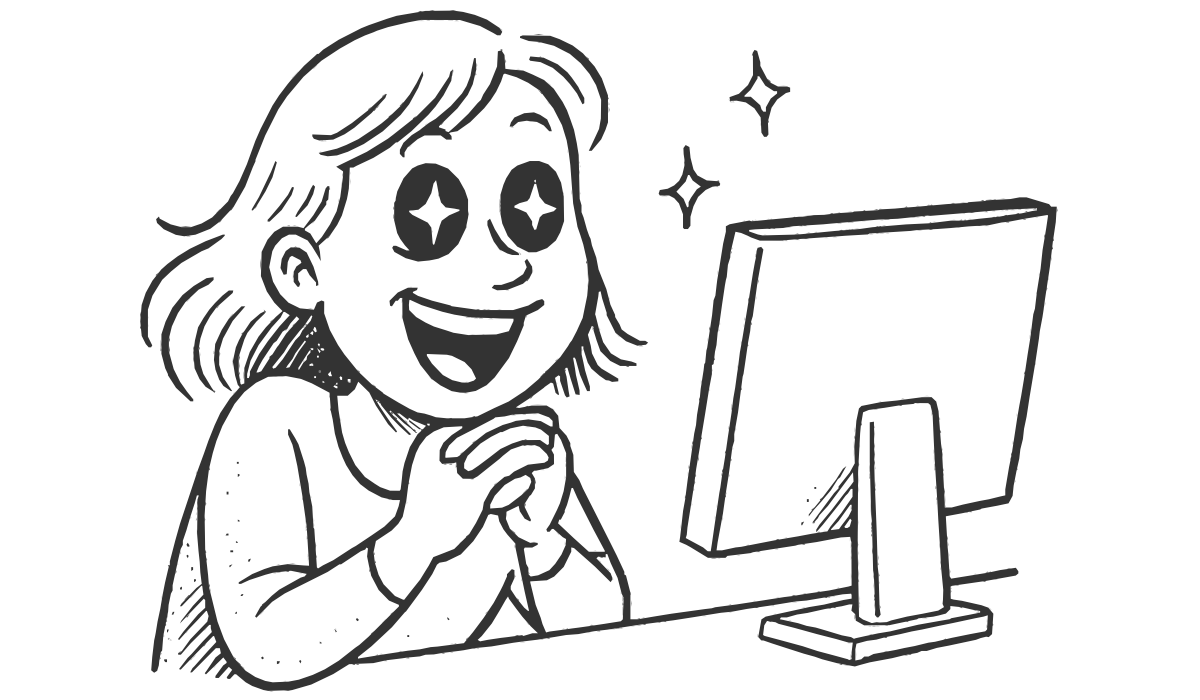 Happy customer with starry eyes delighted by a smooth online experience—staring at the screen with joy and ease. Vintage cartoon style.