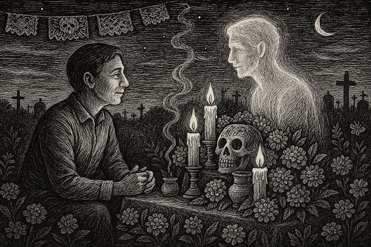 Ilustración en blanco y negro estilo grabado del Día de Muertos: un hombre vivo se sienta frente a un altar iluminado por velas y flores de cempasúchil, conversando con la silueta luminosa de un ser querido fallecido. La escena evoca calma, memoria y conexión entre la vida y la muerte.