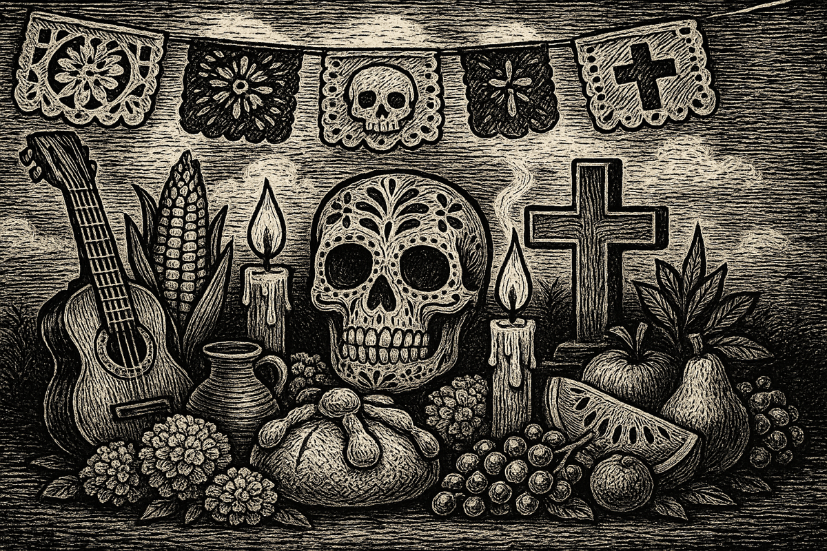 Ilustración en blanco y negro estilo grabado de un altar de Día de Muertos con pan de muerto, calavera de azúcar, guitarra, maíz, frutas, velas y flores de cempasúchil bajo papel picado. Representa la mezcla cultural entre raíces indígenas y tradiciones españolas en México.