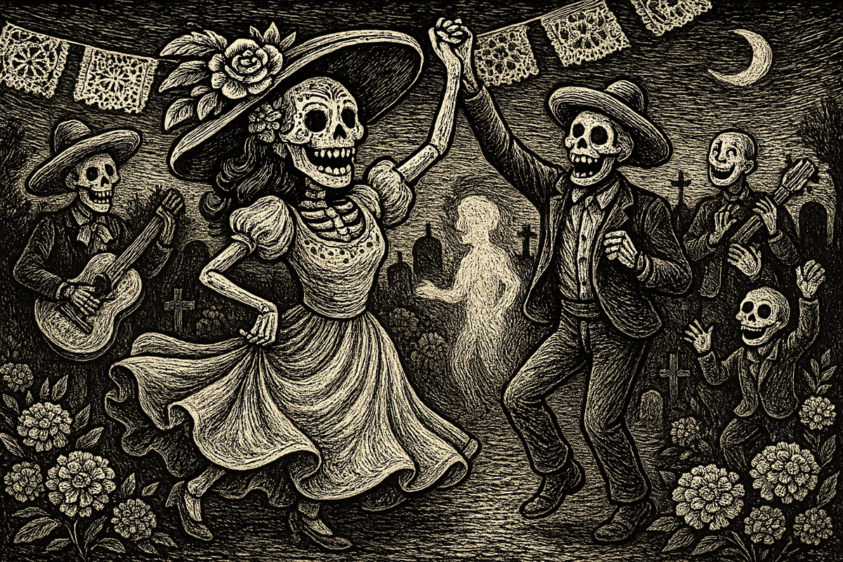 Ilustración en blanco y negro estilo grabado del Día de Muertos: una Catrina y un esqueleto bailan alegres bajo papel picado, rodeados de músicos, flores de cempasúchil y una luna creciente. La escena representa la alegría, el reencuentro y la celebración de la vida después de la muerte.