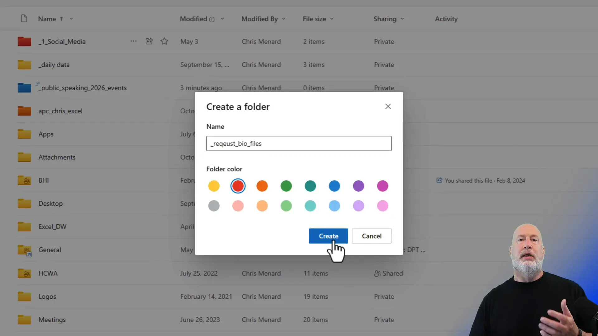 Creating a new folder in OneDrive for work