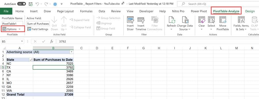 PivotTable Analyze - Options