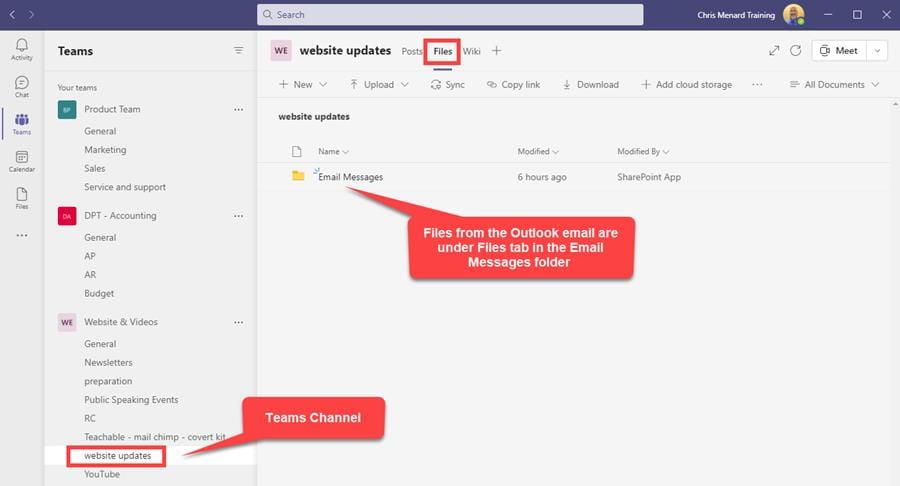 Outlook email attachments are stored under Files Tab in Email messages folder