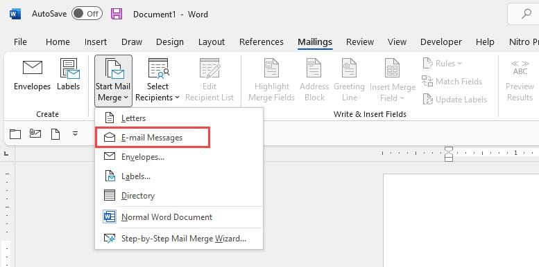 Start a new E-mail Messages Mail Merge in Microsoft Word