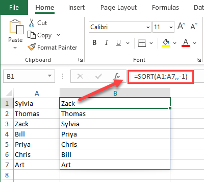 Sort function in Excel in descending order