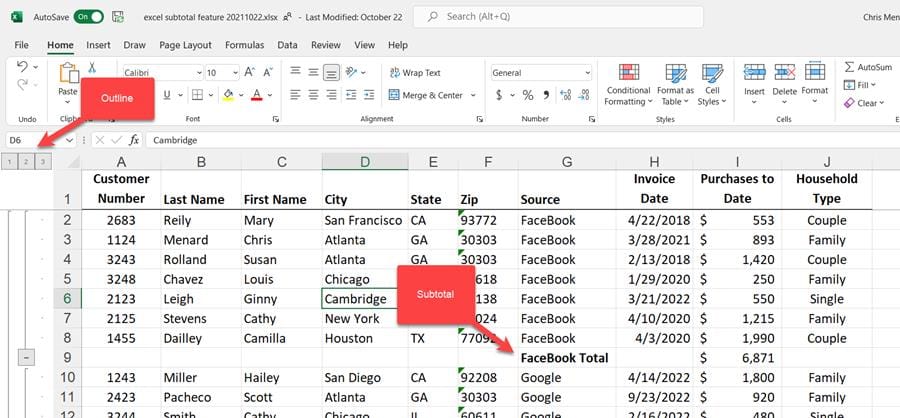 Subtotal command in Excel 