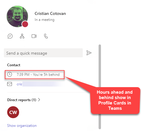 Hours ahead and behind show in Teams Profile Cards