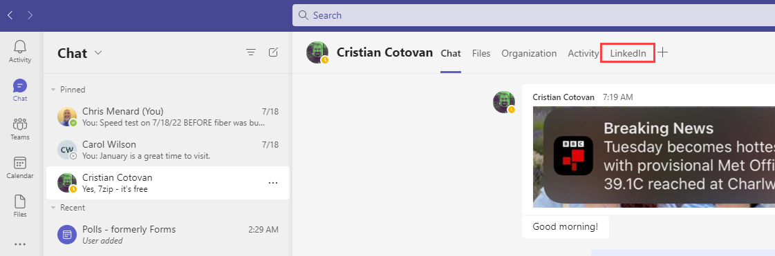 LinkedIn tab in Teams Chat