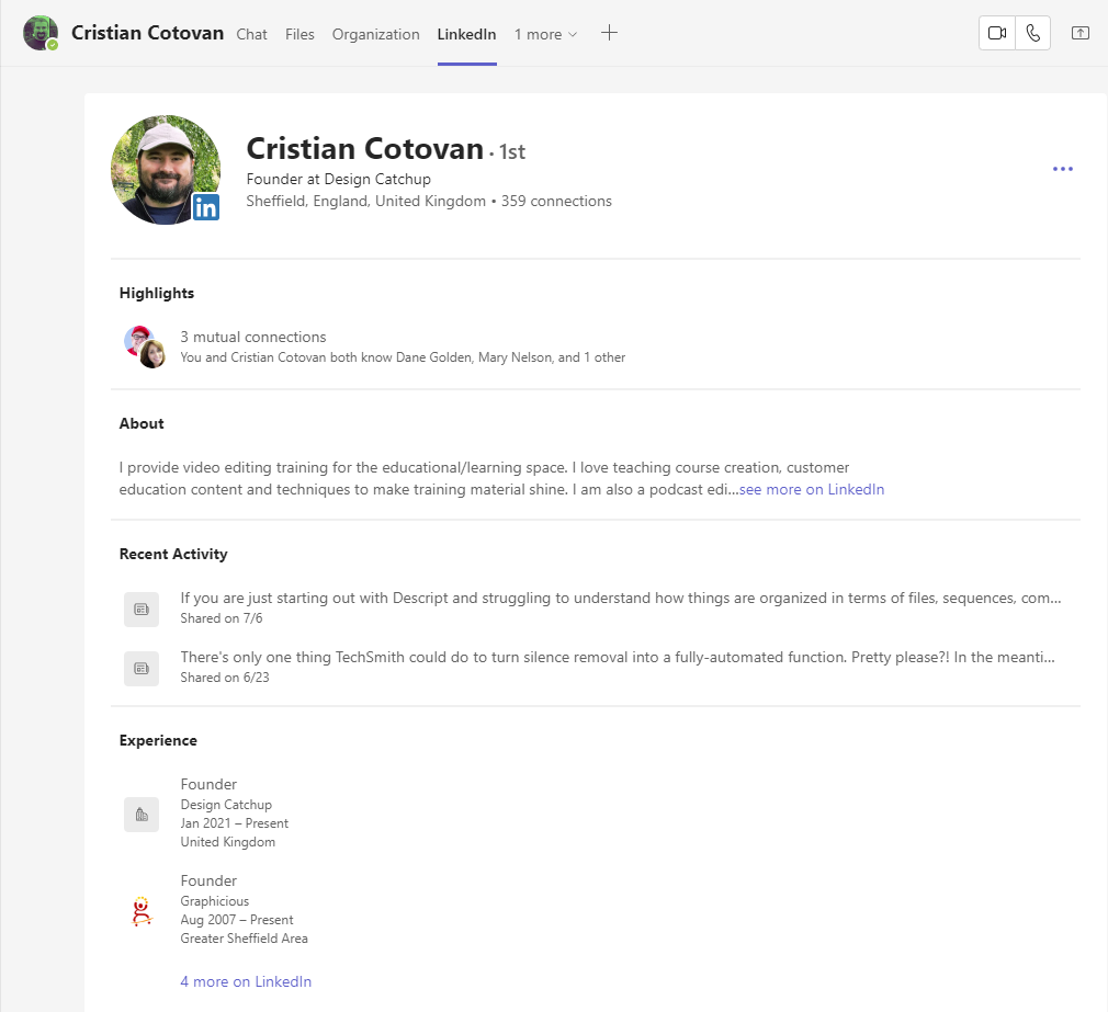 LinkedIn Profile for Cristian showing up in Teams Chat