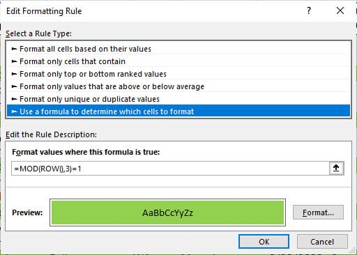 Conditional Formatting with MOD and ROW function