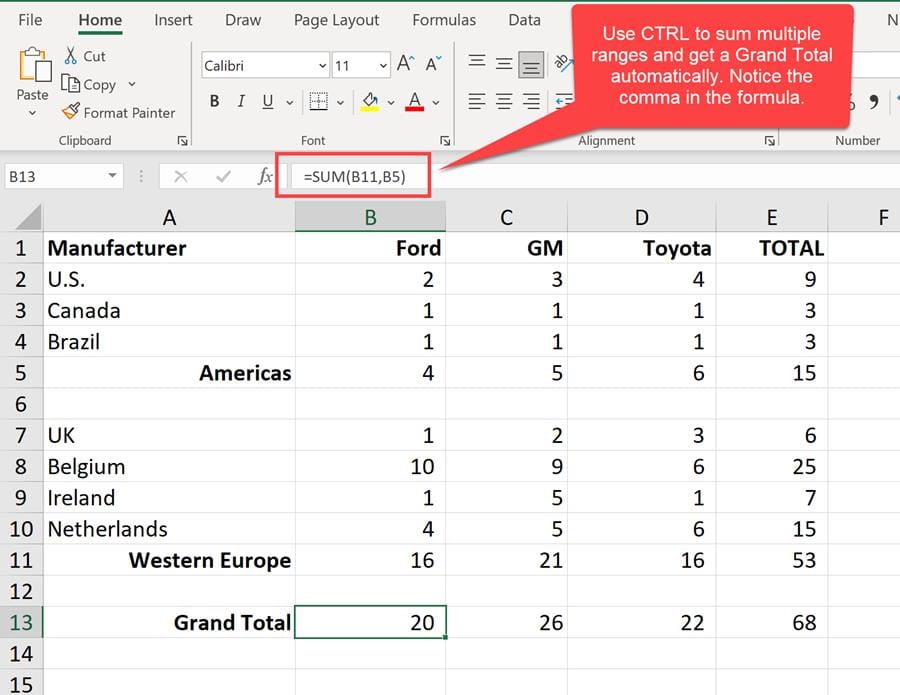 Excel - CTRL to sum multiple ranges and get a grand total
