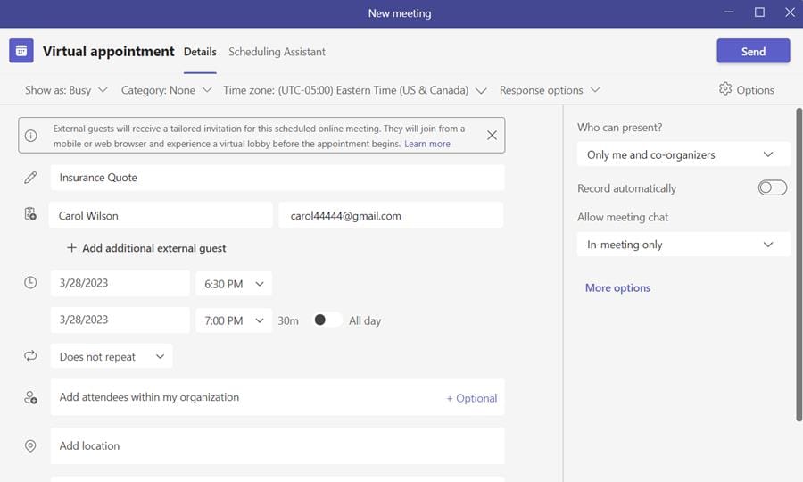 Create a virtual appointment in Teams