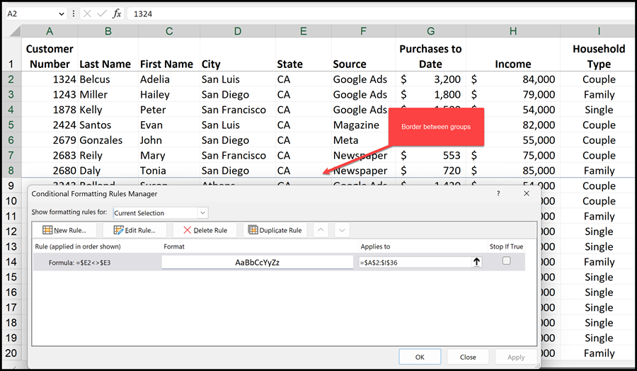 Break between groups in Excel