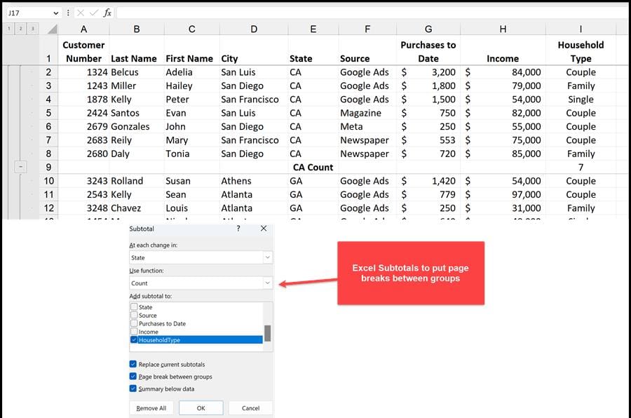 Excel Subtotals to put breaks between groups