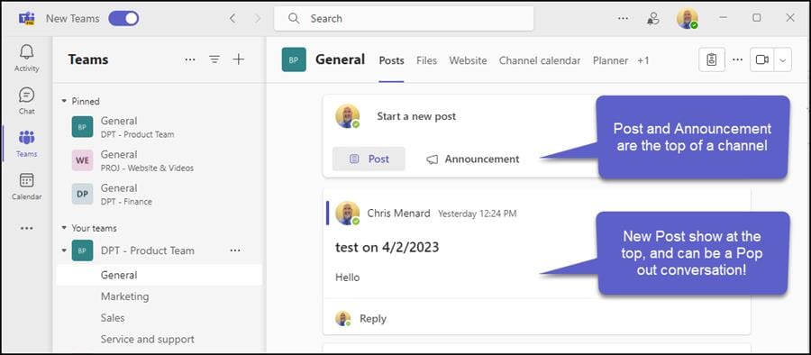 Teams channel post at the top - New Teams