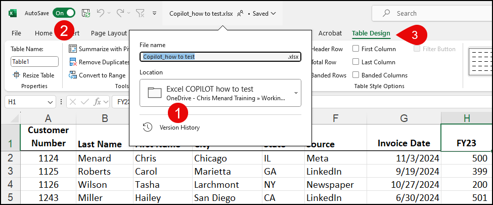 Copilot - 1) OneDrive 2) AutoSave on 3) Table