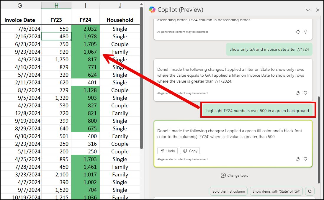 Copilot with Conditional Formatting in Excel