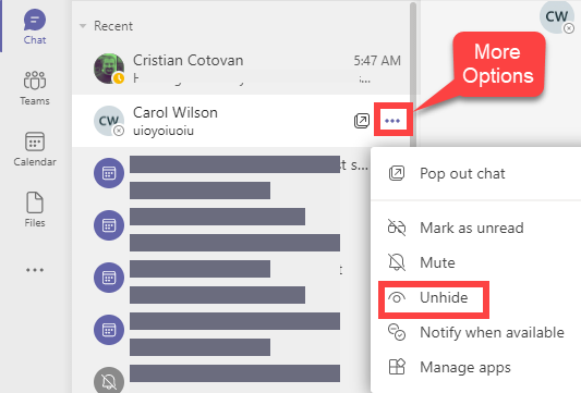 Teams Chat - unhide a chat message