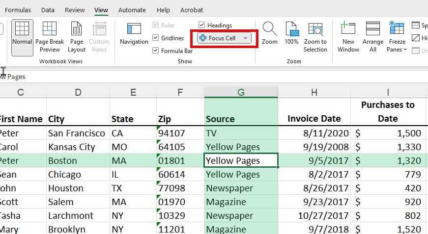 Focus Cell in Excel Focus Cell in Excel