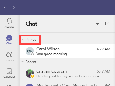 Pinned chats in Teams
