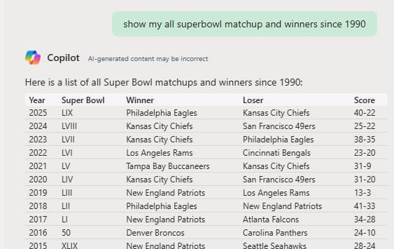 Copilot in Excel - Pull in External Data - Superbowl Winners