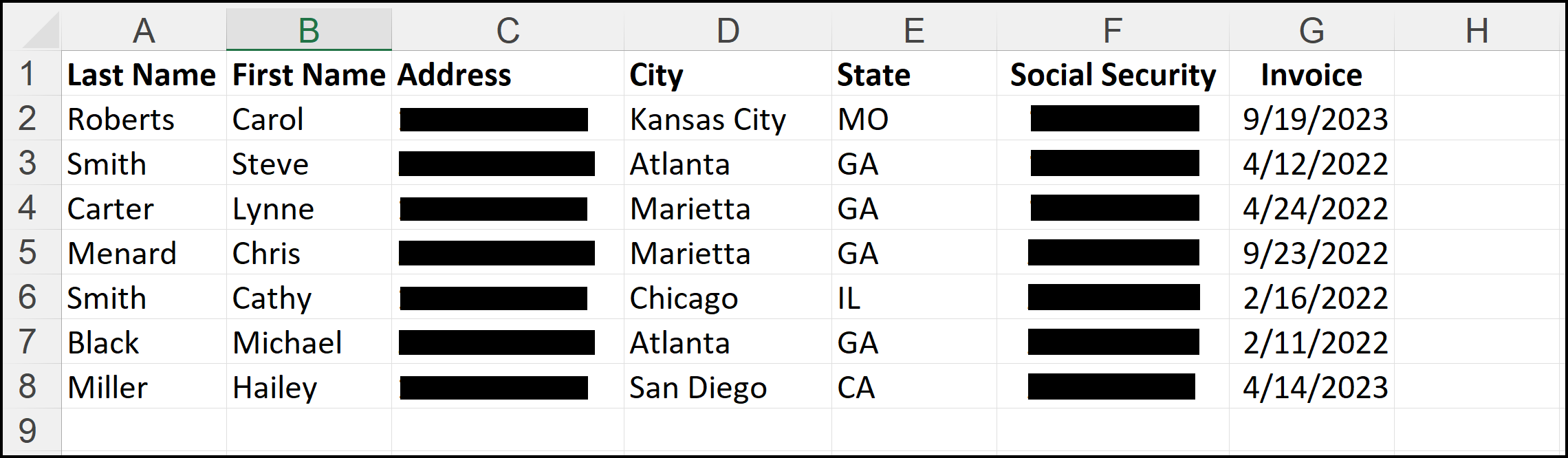 Smart Redact on an Excel worksheet screenshot