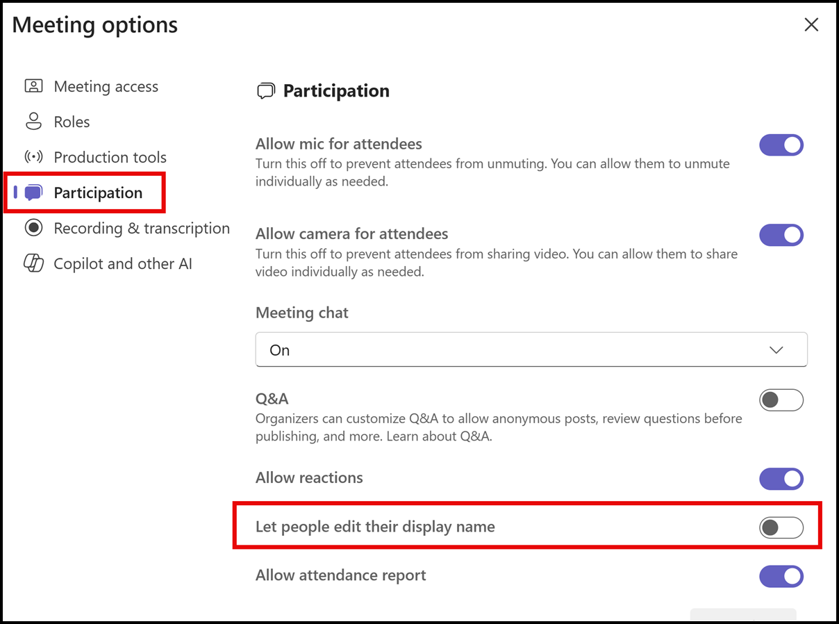Meeting Options in Teams - Let people edit their display name