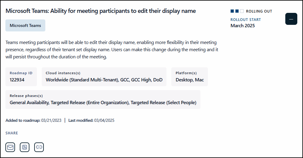 Microsoft Teams Roadmap - Meeting participants edit display name