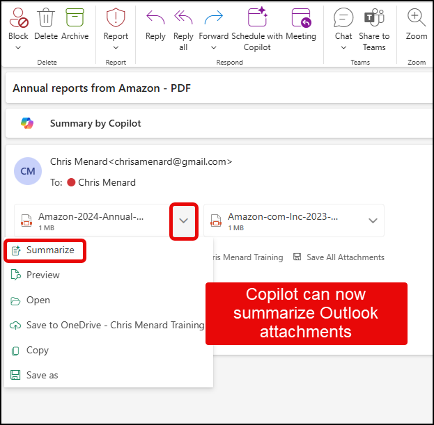 Summarize Outlook attachments with Microsoft Copilot