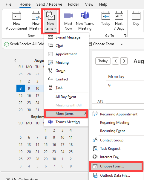 Choose Form in Outlook