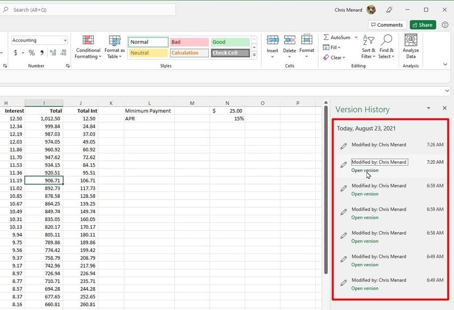 OneDrive allows you to choose previous version of a file in Version History panel