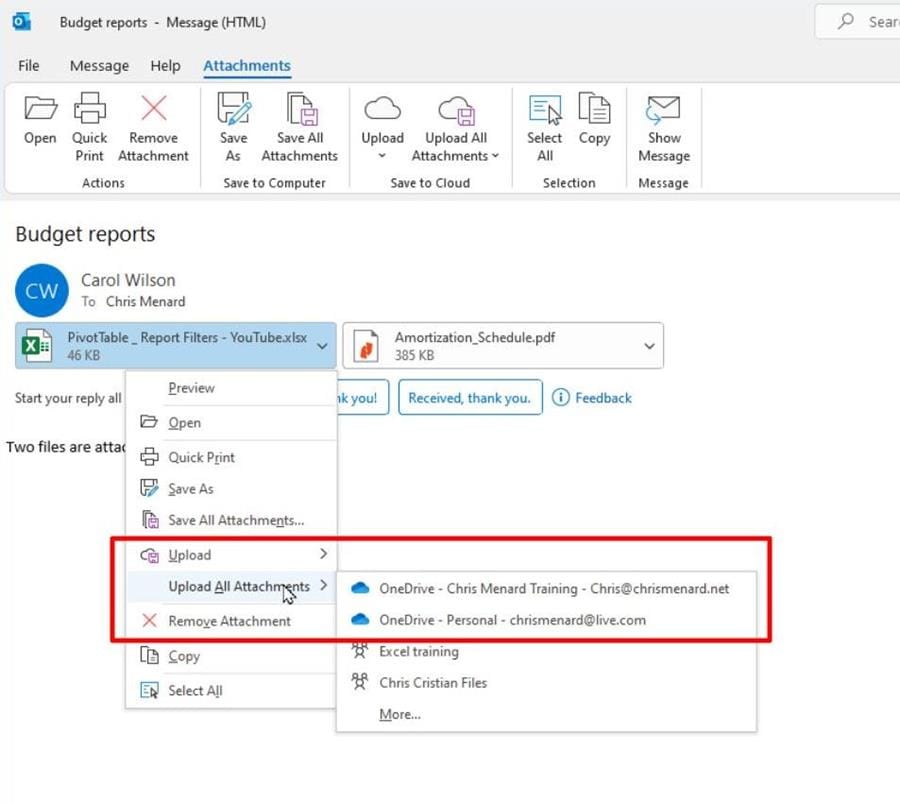 Upload attachments from Outlook to OneDrive directly