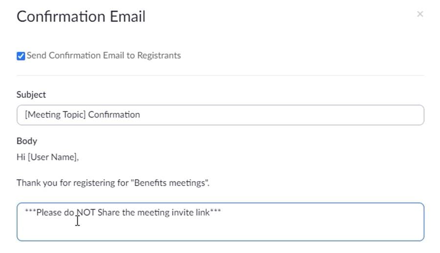 Adding custom text to the Zoom Registration Confirmation Email