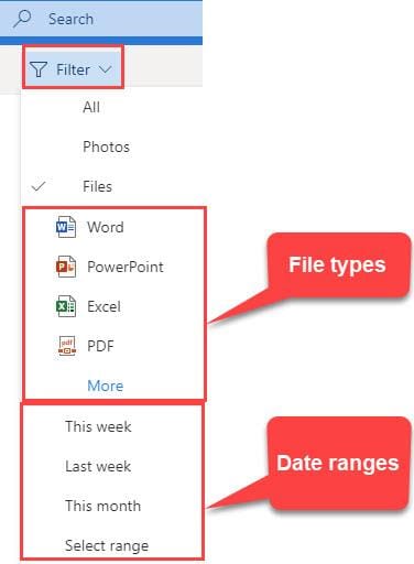 File view - Filter by file type and date ranges in Outlook on the web