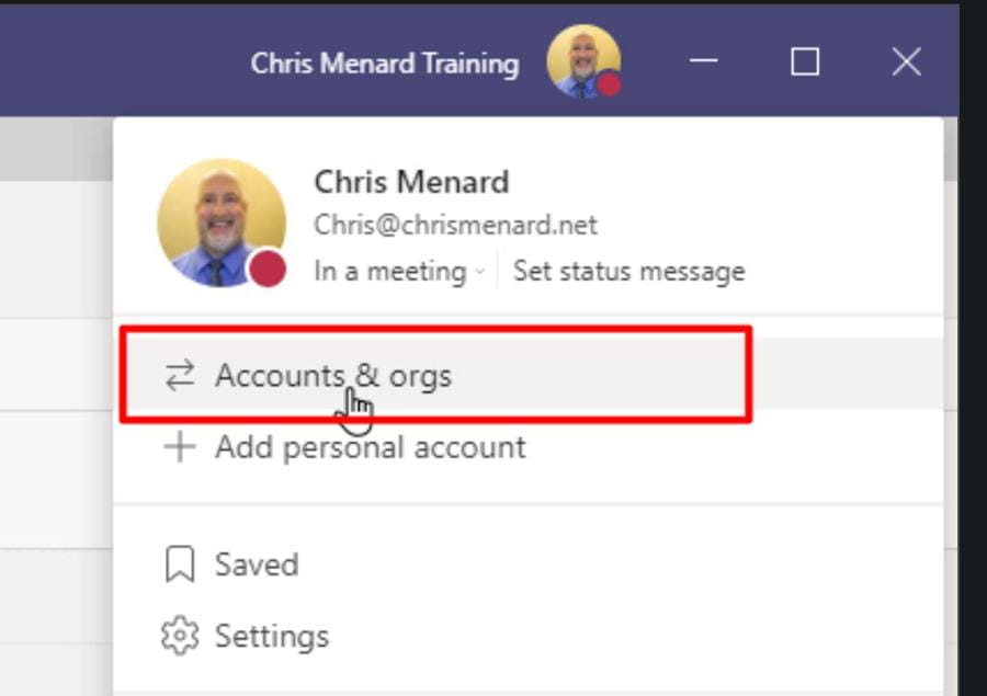 Accounts and organizations in Teams has been moved under the profile menu Accounts and organizations in Teams has been moved under the profile menu
