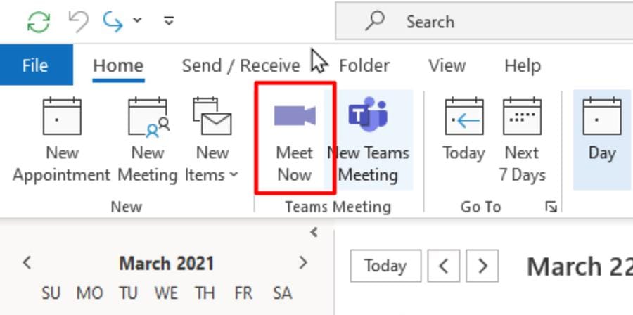 Outlook Calendar Meet Now button Outlook Calendar Meet Now button