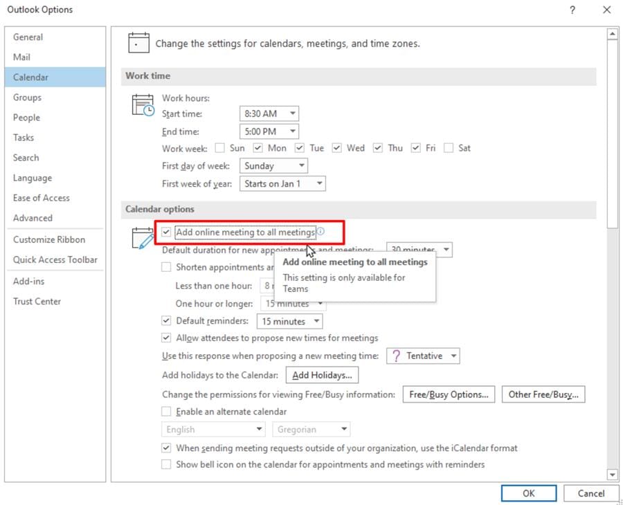 Outlook Calendar option to Add online meting to all meetings Outlook Calendar option to Add online meting to all meetings