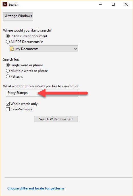 Find text to redact in Adobe Acrobad Pro DC