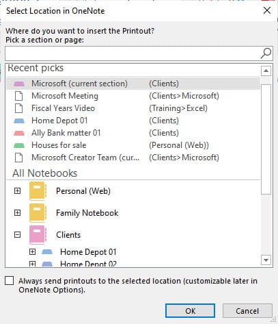 Select where the spreadsheet must be inserted into OneNote